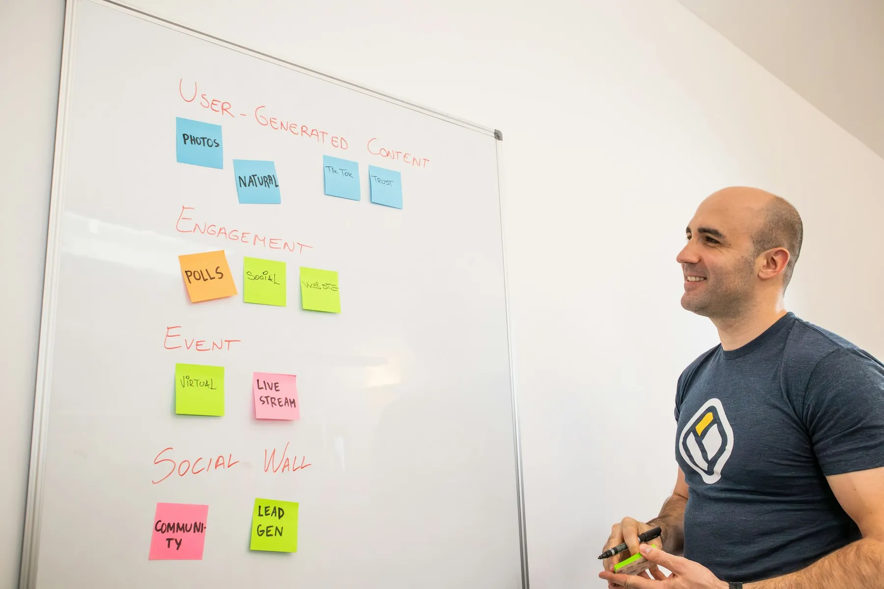 Person studying a whiteboard covered in sticky notes, mapping out forward-looking plans