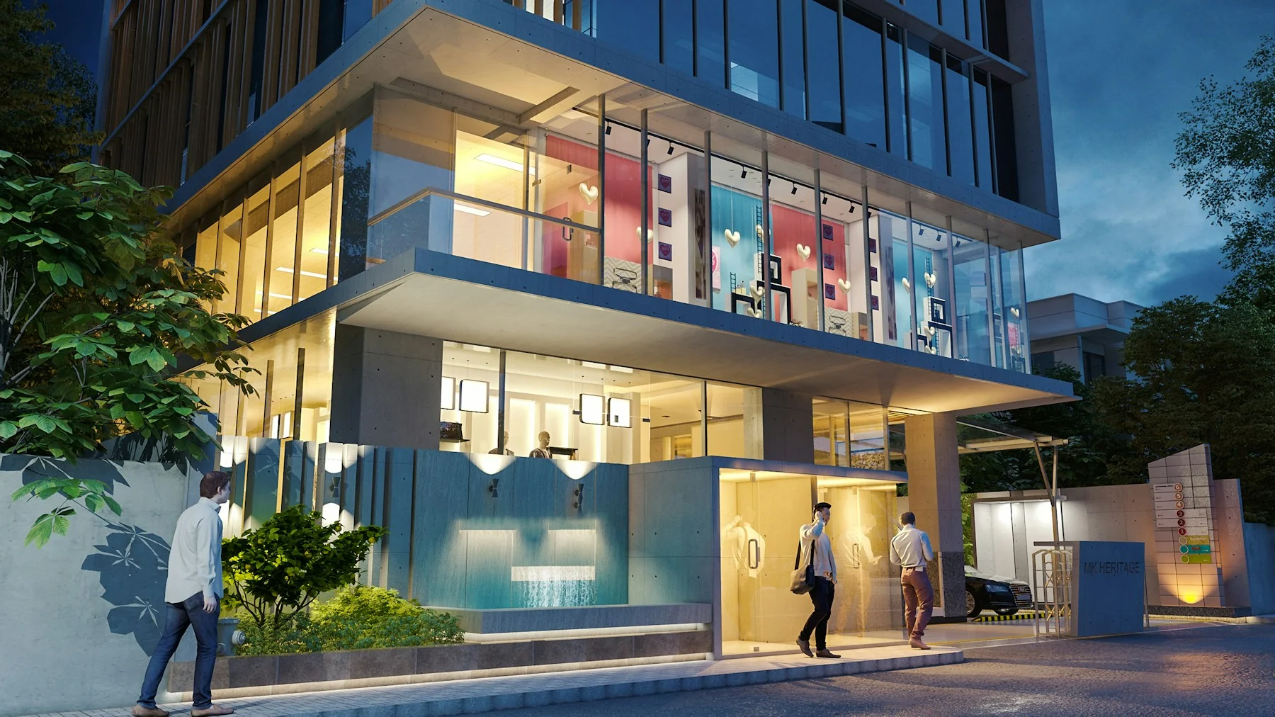 Modern building entrance with people walking inside Modern building entrance with people walking inside